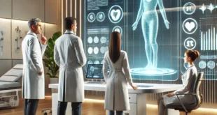 orvosok kontra mesterséges intelligencia: ki nyert? 9 a futuristic doctor's office where human doctors are collaborating with an artificial intelligence chatbot displayed