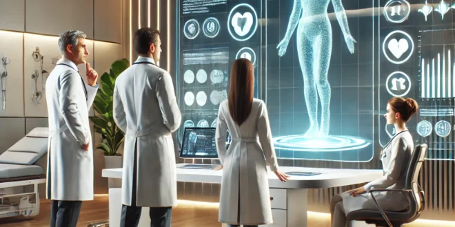 a futuristic doctor's office where human doctors are collaborating with an artificial intelligence chatbot displayed